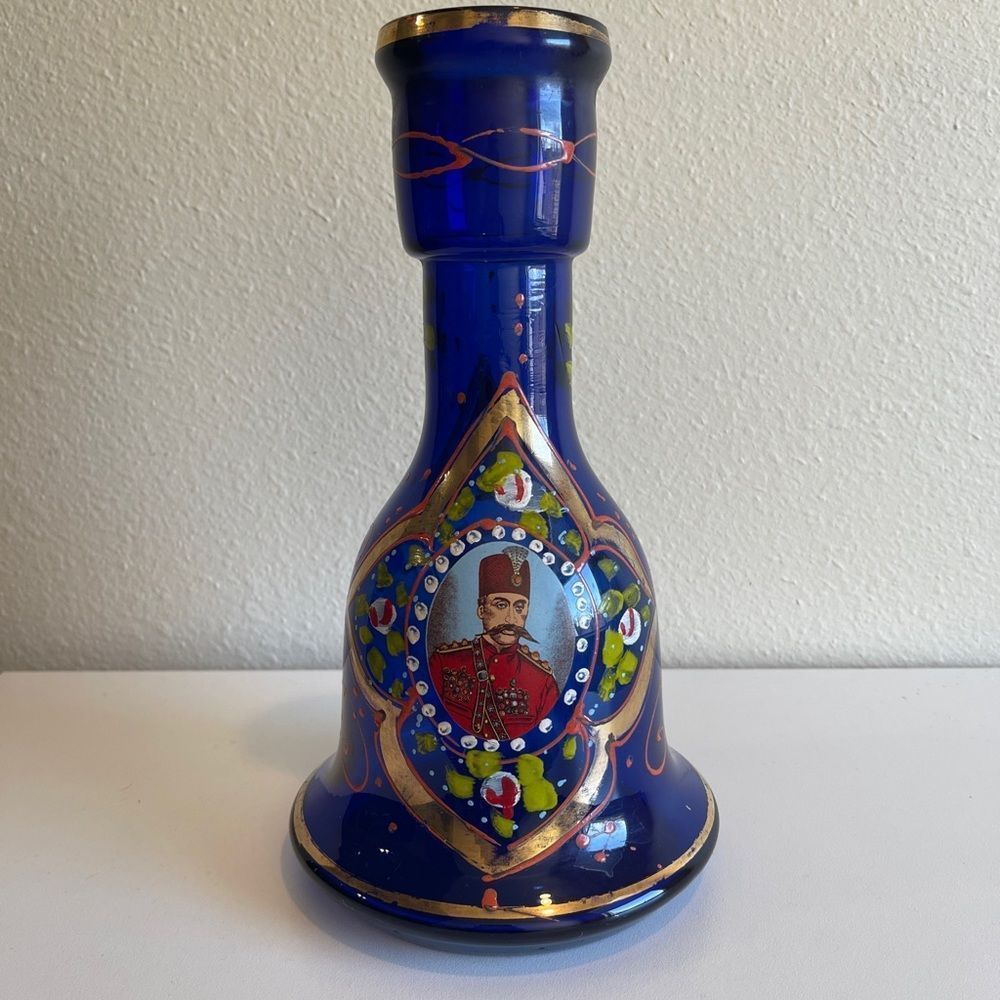 Persian Glass Portrait Vase Decanter Pitcher Cobalt Blue Ornate